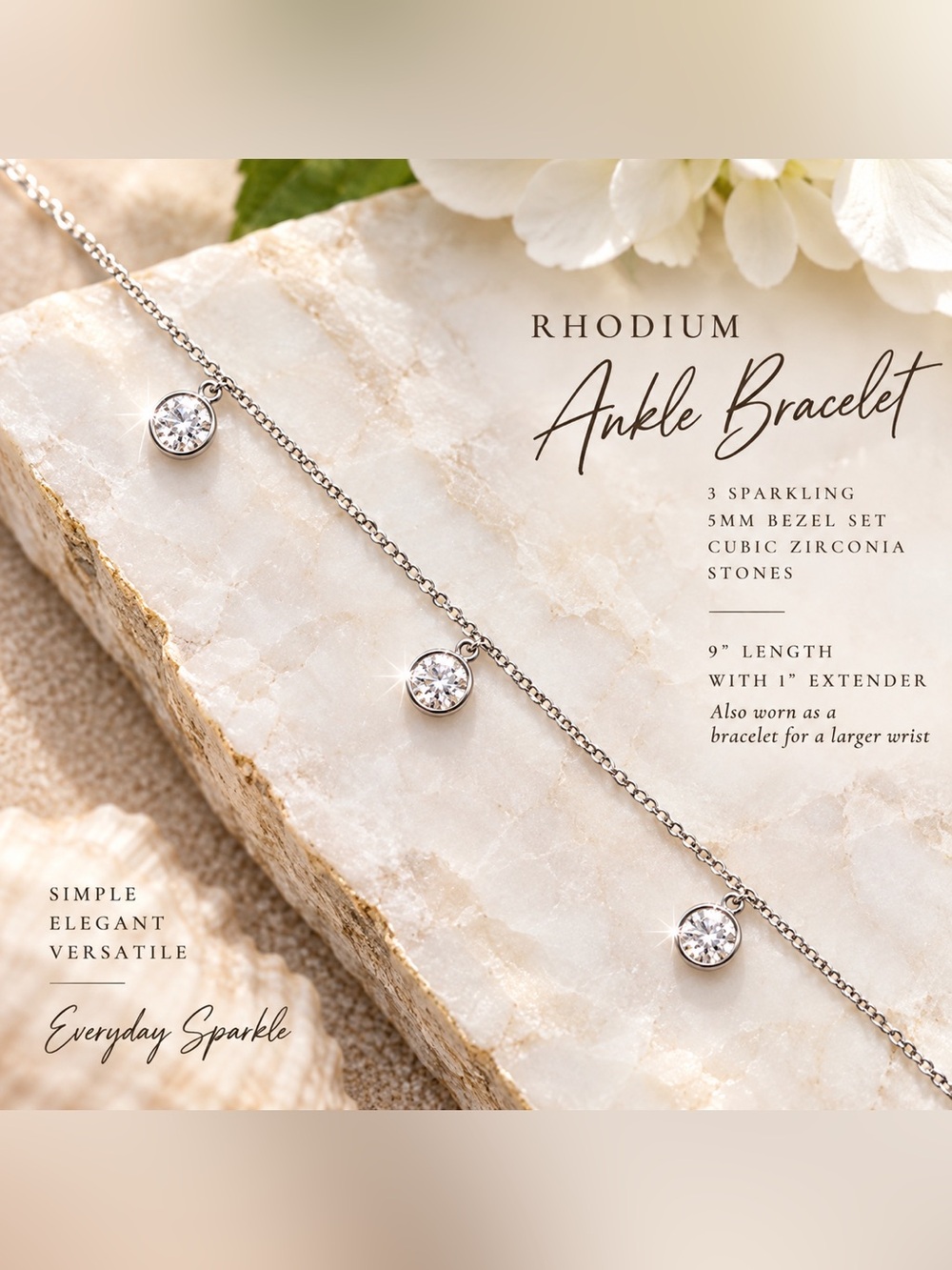 ✨Rhodium CZ Ankle Bracelet – 3 Sparkling 5mm Stones – 9" + Extender – $25
